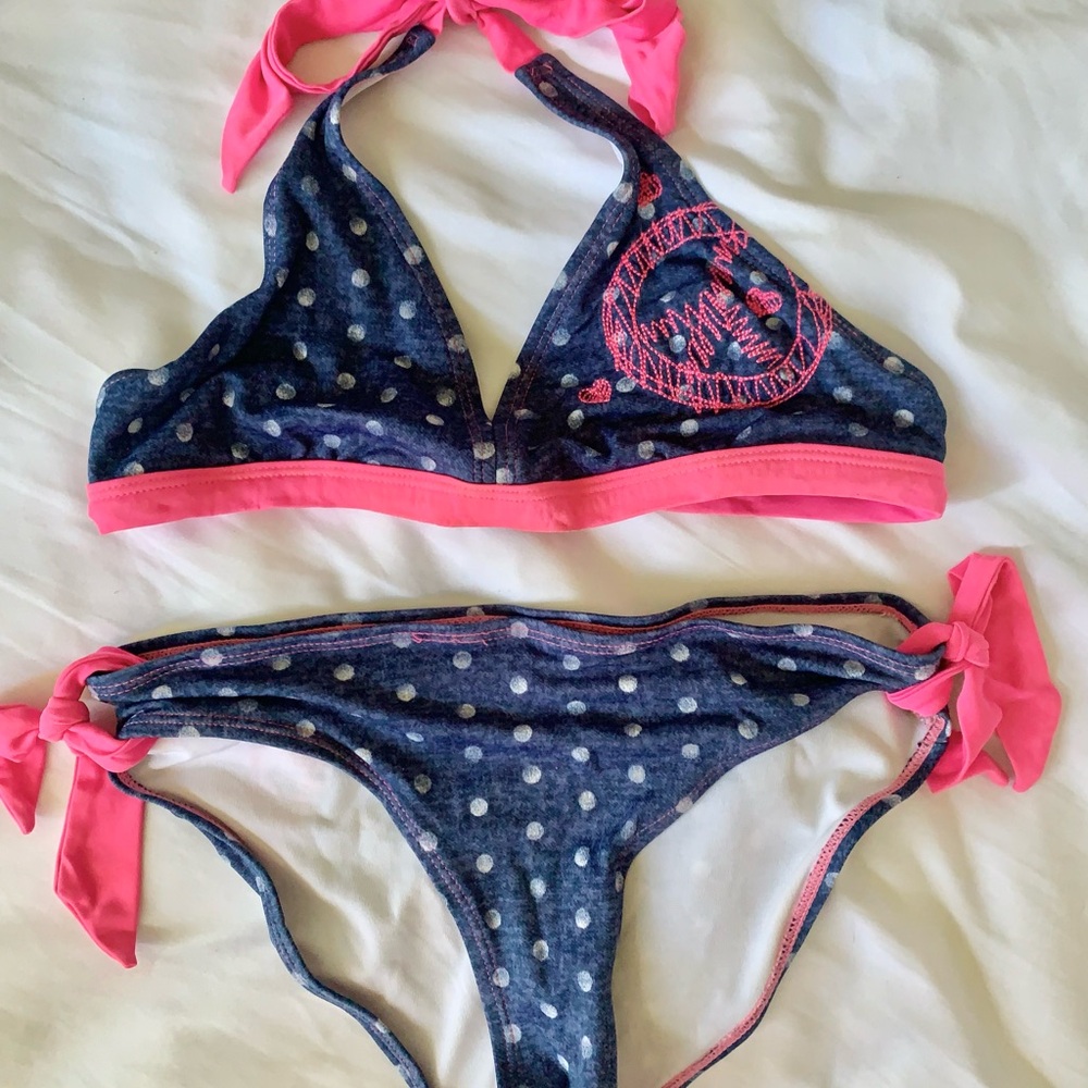 Justice Navy Polka Dot Bikini with Pink Trim